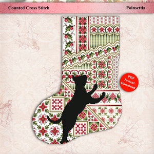 May include: A counted cross stitch pattern for a Christmas stocking featuring a black cat with a poinsettia design. The pattern is titled "Cats and Stockings" and is available as an instant PDF download.