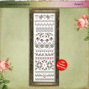 May include: A counted cross stitch pattern titled The Never Ending Sampler Panel 4 by Kitty Me Designs. The design features a vertical arrangement of floral and geometric borders in shades of pink, green, and black, presented in a rustic frame.