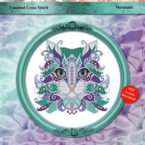 Cross Stitch Cat Colorful Cats Series Mermaid Pattern Instant Digital PDF Download Modern Geometric Mandala by Pamela Kellogg