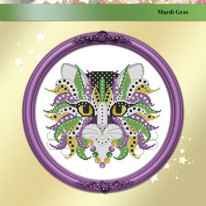 Colorful Cats Mardi Gras Cross Stitch Printed Pattern Leaflet by Pamela Kellogg