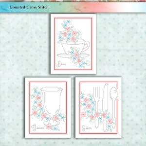 May include: Three counted cross stitch patterns for dish towels. The patterns feature a teacup with flowers, a glass with flowers, and silverware with flowers. The patterns are titled "China", "Glasses", and "Silver".