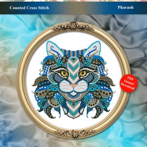 Cross Stitch Cat Pharaoh Pattern Instant Digital PDF Download Modern Geometric Mandala by Pamela Kellogg