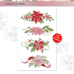 Könnte beinhalten: Vier gestickte Kreuzstichmuster mit Poinsettien-Bordüren. Die Muster sind in Rot, Rosa und Weiß gehalten. Die Muster sind zum sofortigen Download verfügbar.  "Kitty Me Designs by Pamela Kellogg Presents Poinsettia Borders"