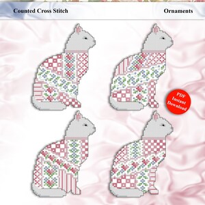 May include: Four counted cross stitch patterns of white cats wearing pink, red, and white patchwork quilts. The patterns are titled "Crazy Valentine Cats" and are available as an instant PDF download.