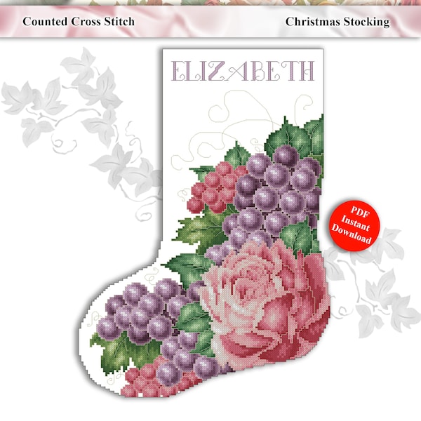 Rose And Grapes Victorian Christmas Stocking Cross Stitch Pattern PDF Download by Pamela Kellogg