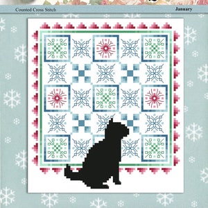 Cats And Quilts January Original Counted Cross Stitch Pattern by Pamela Kellogg of Kitty and Me Designs Instant Digital PDF Download