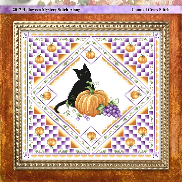 Halloween Cat Cross Stitch Quilt Pattern, Geometric Mandala Pumpkins PDF Chart by Pamela Kellogg