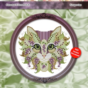 May include: Counted cross stitch pattern featuring a stylized cat with green and purple grape vines. The pattern is titled "Colorful Cats: Grapevine" and is a PDF instant download.