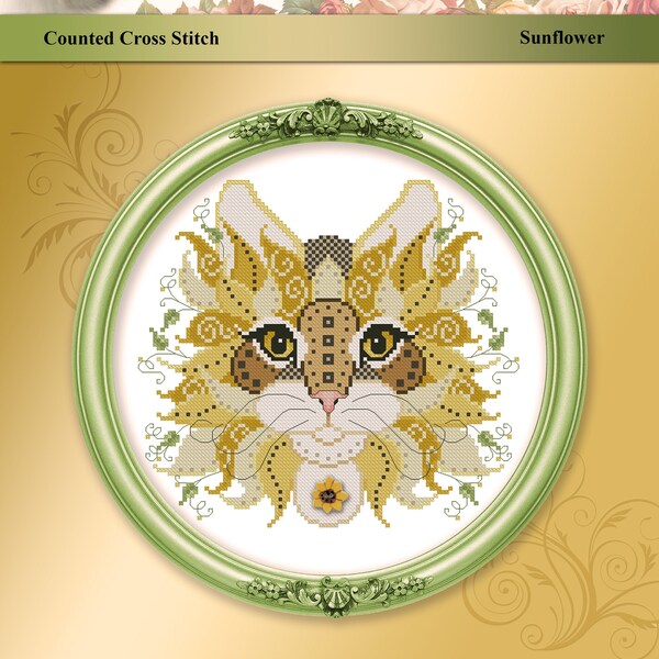 Colorful Cats Sunflower Cross Stitch Printed Pattern Leaflet by Pamela Kellogg