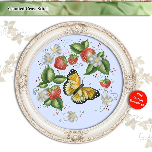 Strawberries And Butterfly Counted Cross Stitch Pattern PDF Download by Pamela Kellogg