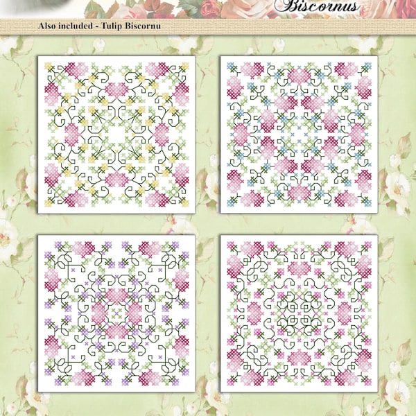 Hearts and Flowers Biscornu Pincushion Ornaments Cross Stitch Pattern Instant Digital PDF Download