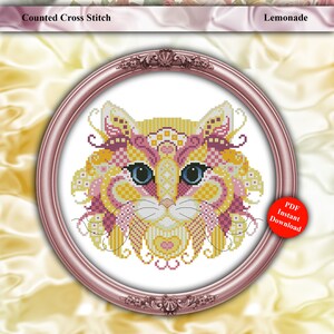 Cross Stitch Pattern Colorful Cats Lemonade Geometric Modern Mandala Cat Design Instant Digital PDF Download by Pamela Kellogg