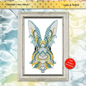 Colorful Bunnies Modern Geometric Cross Stitch Easter Aqua and Yellow Pattern Instant Digital PDF Download by Pamela Kellogg