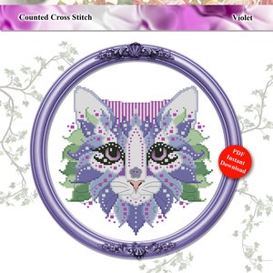 May include: A counted cross stitch pattern of a purple and green cat with a white face. The pattern is in a purple frame with a white background. The text "KittyMe Designs by Pamela Kellogg Presents COLORFUL CATS Violet PDF Instant Download" is on the image.