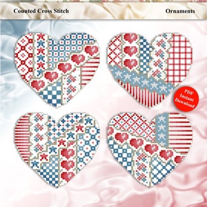 Crazy Patriotic Hearts Ornaments for Perforated Paper Counted Cross Stitch PDF Download by Pamela Kellogg