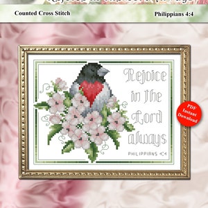 Rejoice In The Lord Always Philippians 4:40 Rosebreasted Grosbeak Counted Cross Stitch Pattern PDF Download by Pamela Kellogg
