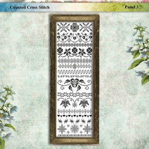 May include: A black and white counted cross stitch sampler pattern with a variety of designs, including flowers, hearts, stars, and geometric shapes. The pattern is framed in a gold frame and is labeled "The Never Ending Sampler, Panel 3".