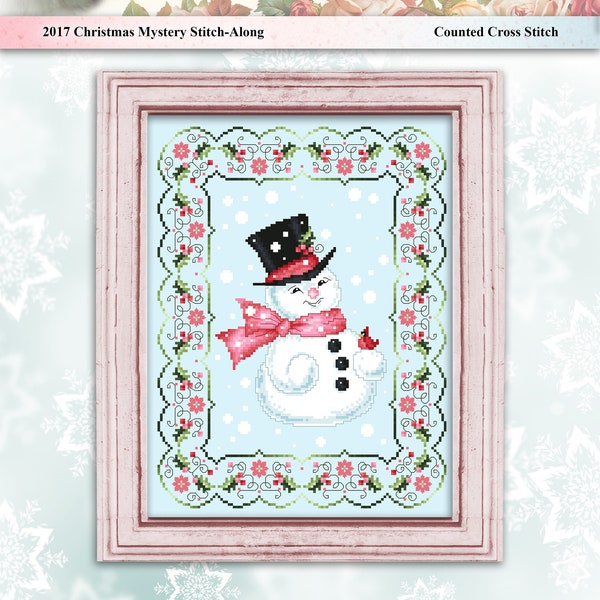 Christmas Snowman Cross Stitch, Winter Cardinal Floral Border Sampler PDF Chart by Pamela Kellogg