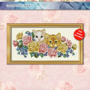 May include: Counted cross stitch pattern featuring two kittens peeking out from behind a bouquet of pink and yellow roses. The pattern is titled "Rose Garden Kitties" and is by KittyMe Designs by Pamela Kellogg.  PDF instant download.