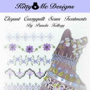 May include: A collection of charted borders for crazy quilting and counted cross-stitch. The designs feature floral motifs, geometric patterns, and intricate details. The book is titled "Elegant Crazyquilt Seam Treatments" by Pamela Kellogg, Volume 1.