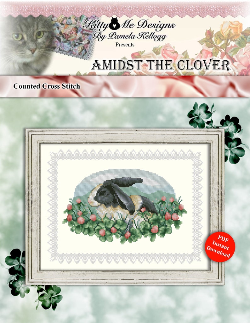 Amidst The Clover Counted Cross Stitch Bunny Pattern Digital PDF Download by Pamela Kellogg image 1