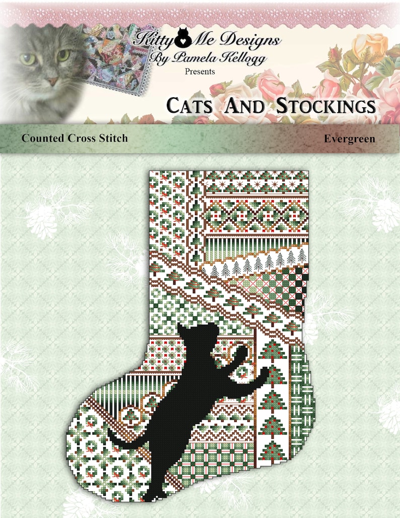 Cross Stitch Christmas Stocking Cats And Stockings Evergreen Pattern Leaflet by Pamela Kellogg