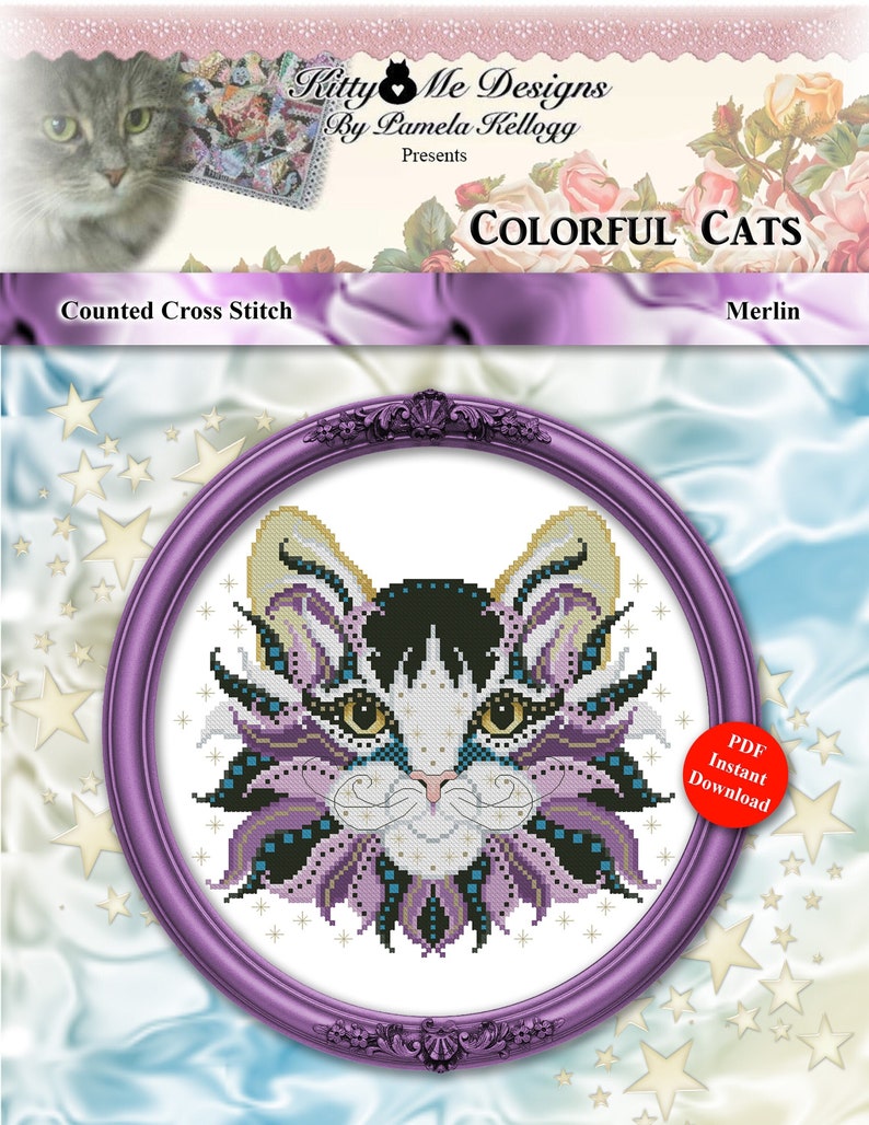 Colorful Cats Merlin Halloween Counted Cross Stitch Pattern Instant Digital PDF Download by Pamela Kellogg image 1