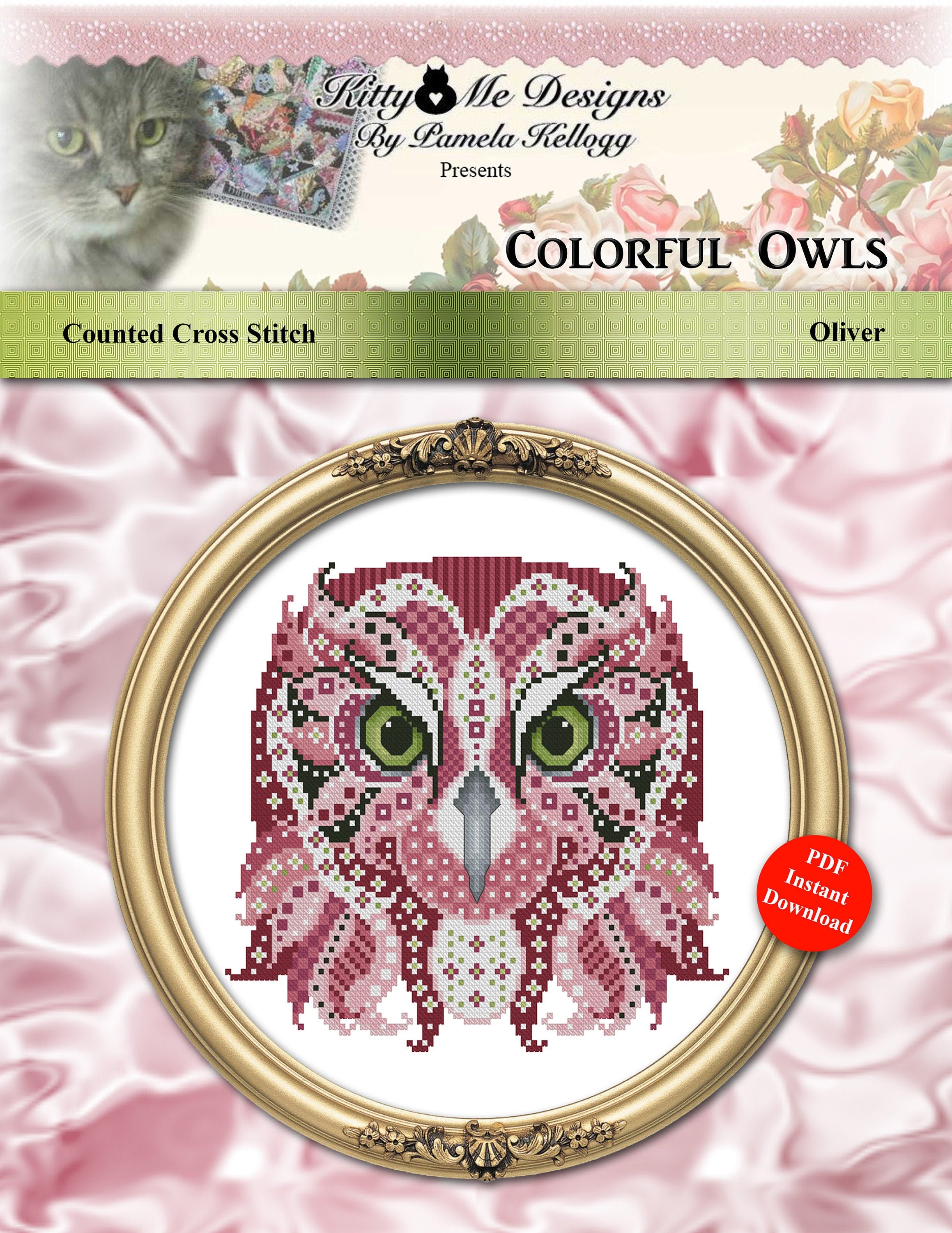 Cross Stitch Pattern Colorful Owls Series Oliver Pattern Instant Digital PDF Download by Pamela Kell