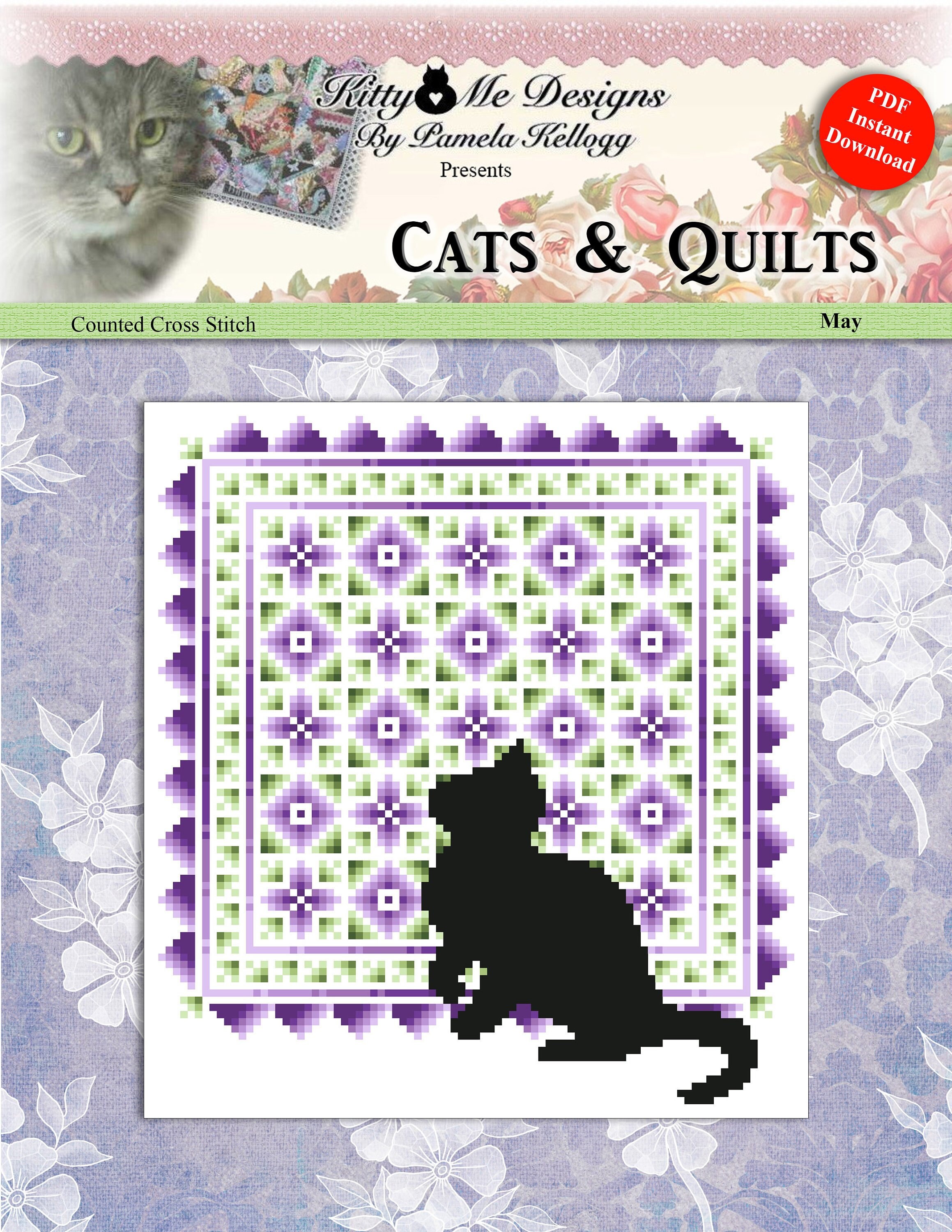 Cats And Quilts May Original Counted Cross Stitch Pattern by Pamela Kellogg Instant Digital PDF Download