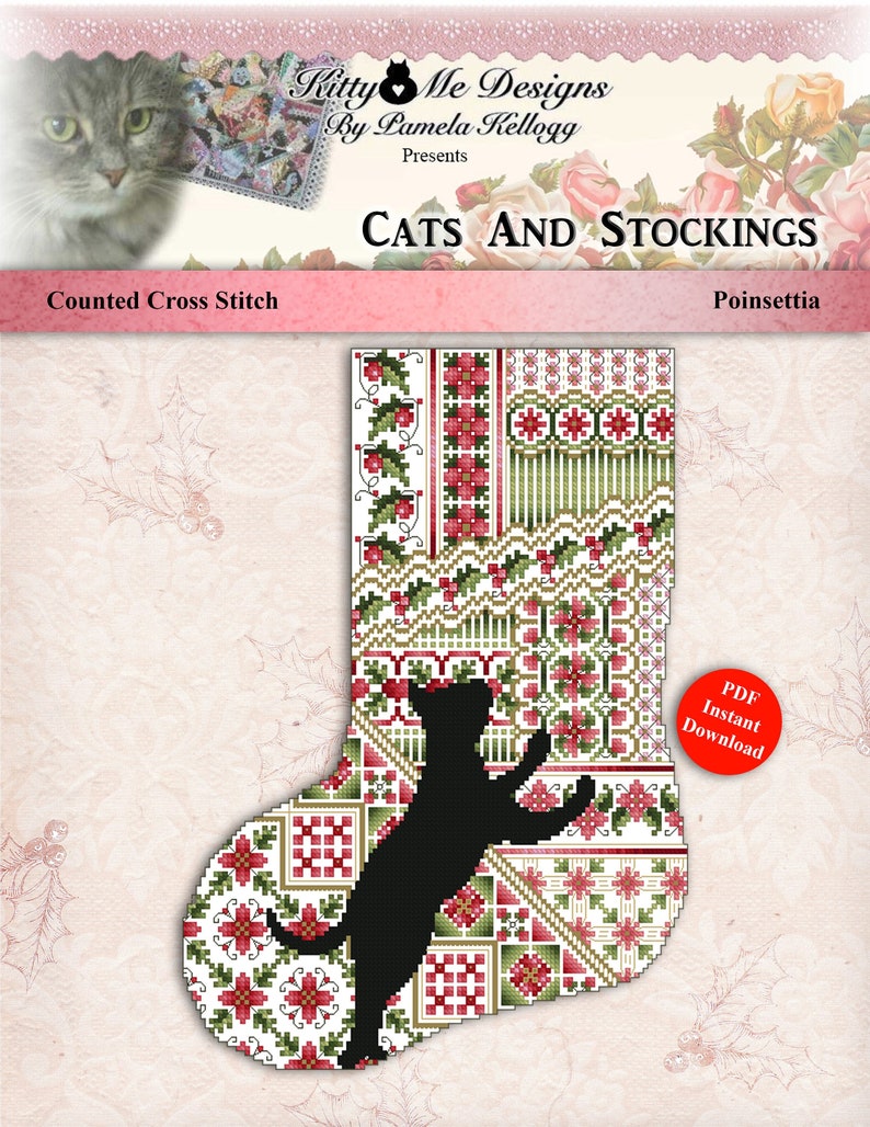 Cross Stitch Christmas Stocking Instant Digital PDF Download Pattern Cats And Stockings Poinsettia by Pamela Kellogg