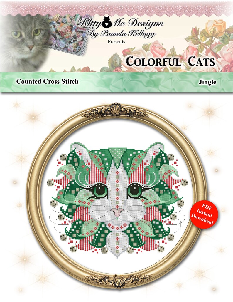 Colorful Cats Jingle Christmas Mandala Cat Counted Cross Stitch Pattern Digital PDF Download by Pamela Kellogg image 1