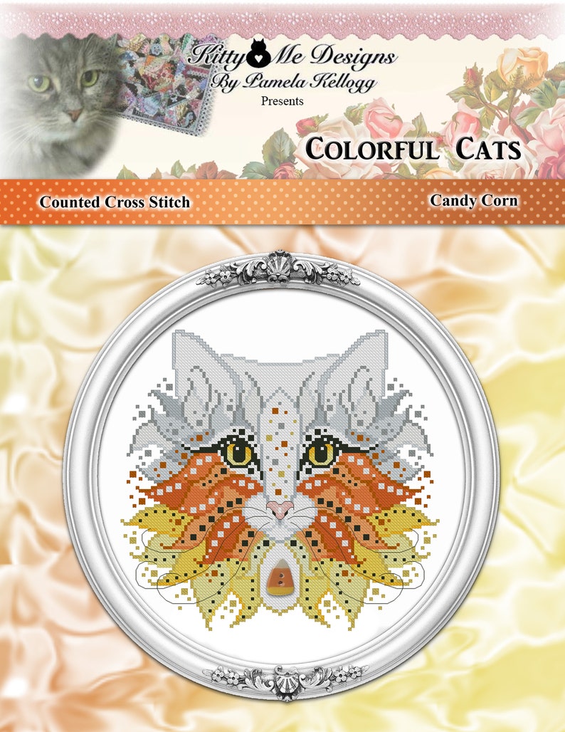 Op de afbeelding: Een geteld kruissteekpatroon met een kat met een candy corn-ontwerp. Het patroon is getiteld "Kleurrijke katten: Candy Corn".
