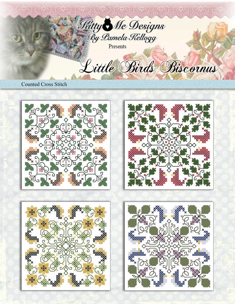 Counted Cross Stitch Pattern Little Birds Biscornus image 1