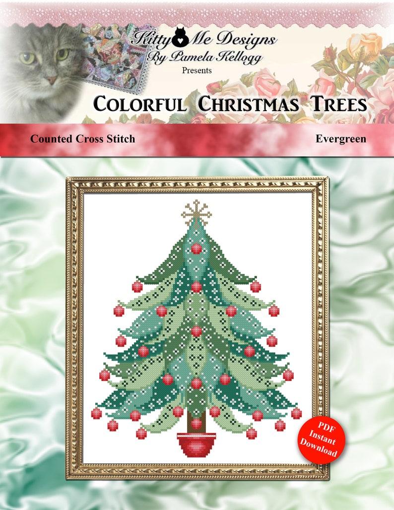 Cross Stitch Pattern Colorful Christmas Trees Evergreen Instant Digital PDF Download by Pamela Kellogg