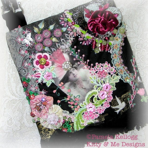 Crazy Quilt Handbag Victorian Black Pink Purse Embroidered Beaded