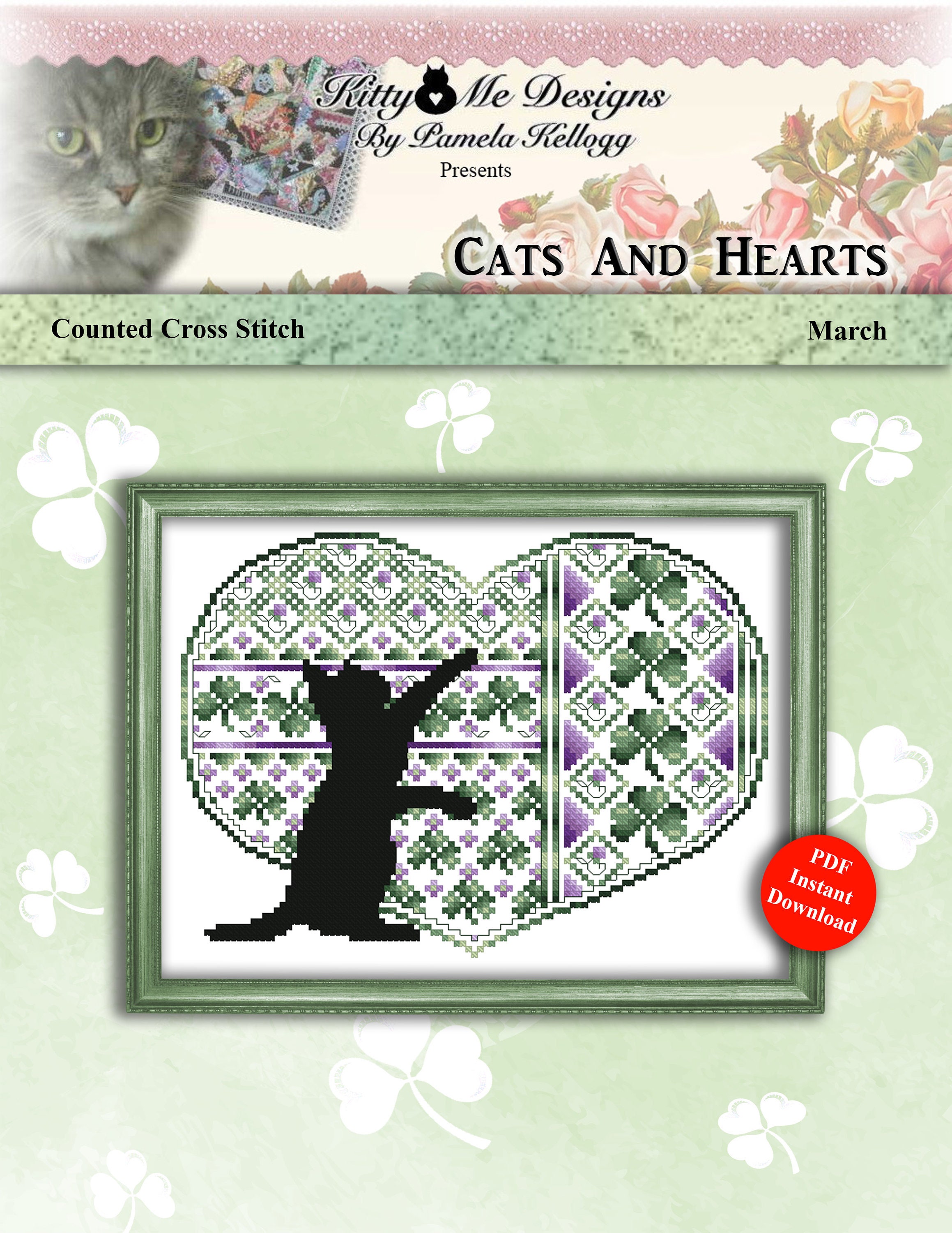 Cats And Hearts March Shamrocks Cross Stitch Pattern Instant Digital PDF Download by Pamela Kellogg