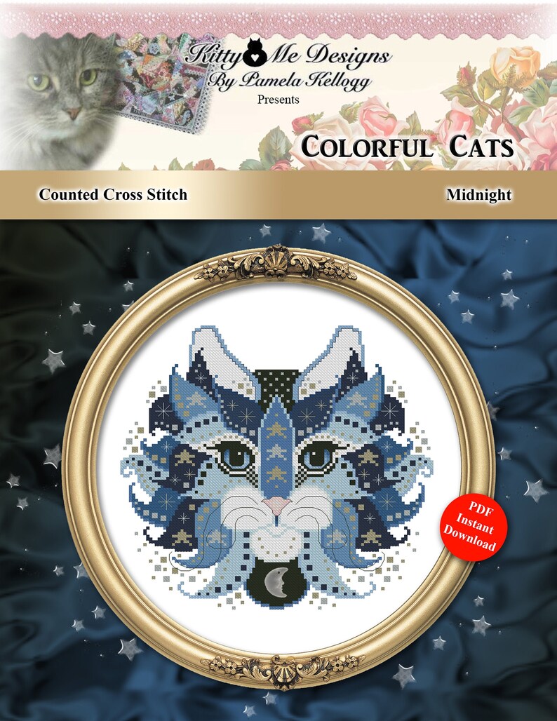 Colorful Cats Midnight Cross Stitch Pattern Instant Digital PDF Download by Pamela Kellogg image 1