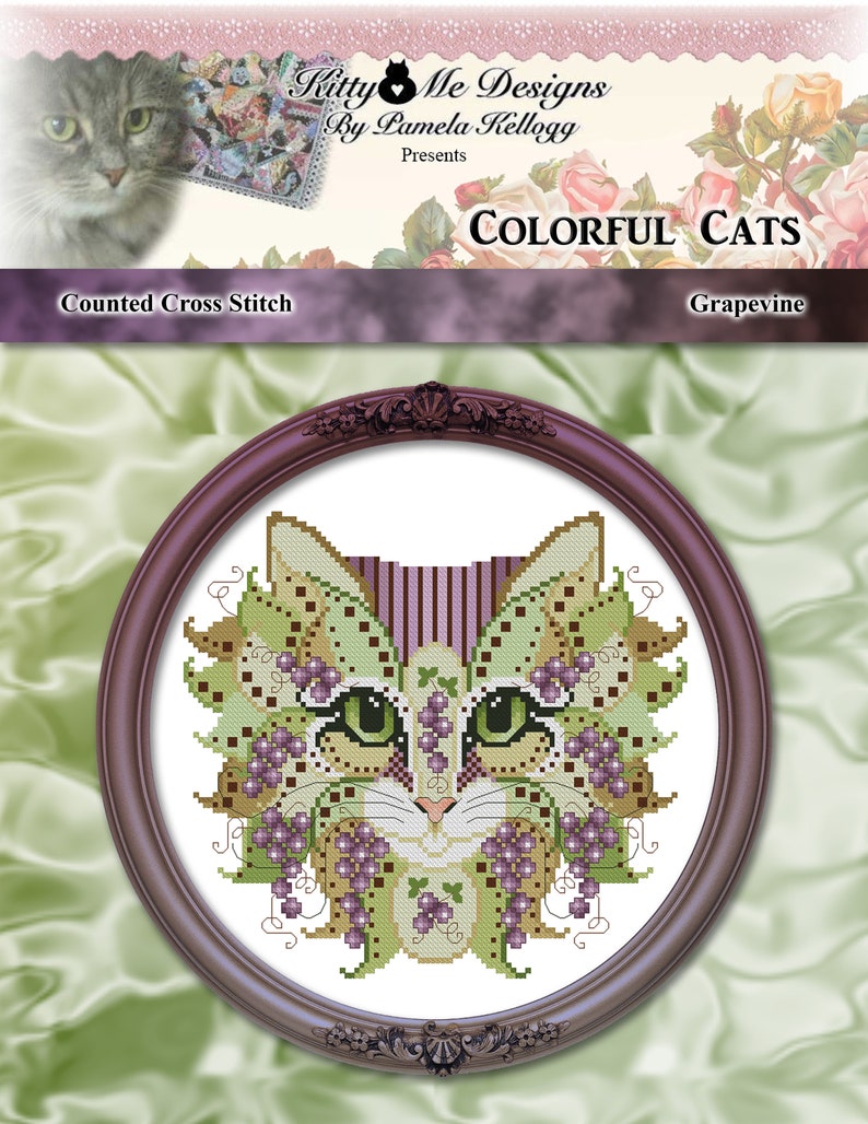 Op de afbeelding: Geteld kruissteekpatroon met een kleurrijke kat met druivenranken en bladeren. Het patroon is getiteld "Grapevine" en maakt deel uit van de "Colorful Cats" collectie van Kitty Me Designs.
