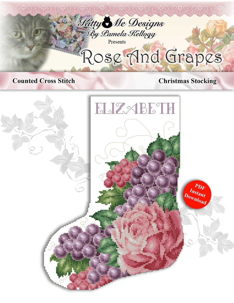 Rose And Grapes Victorian Christmas Stocking Cross Stitch Pattern PDF Download by Pamela Kellogg image 1