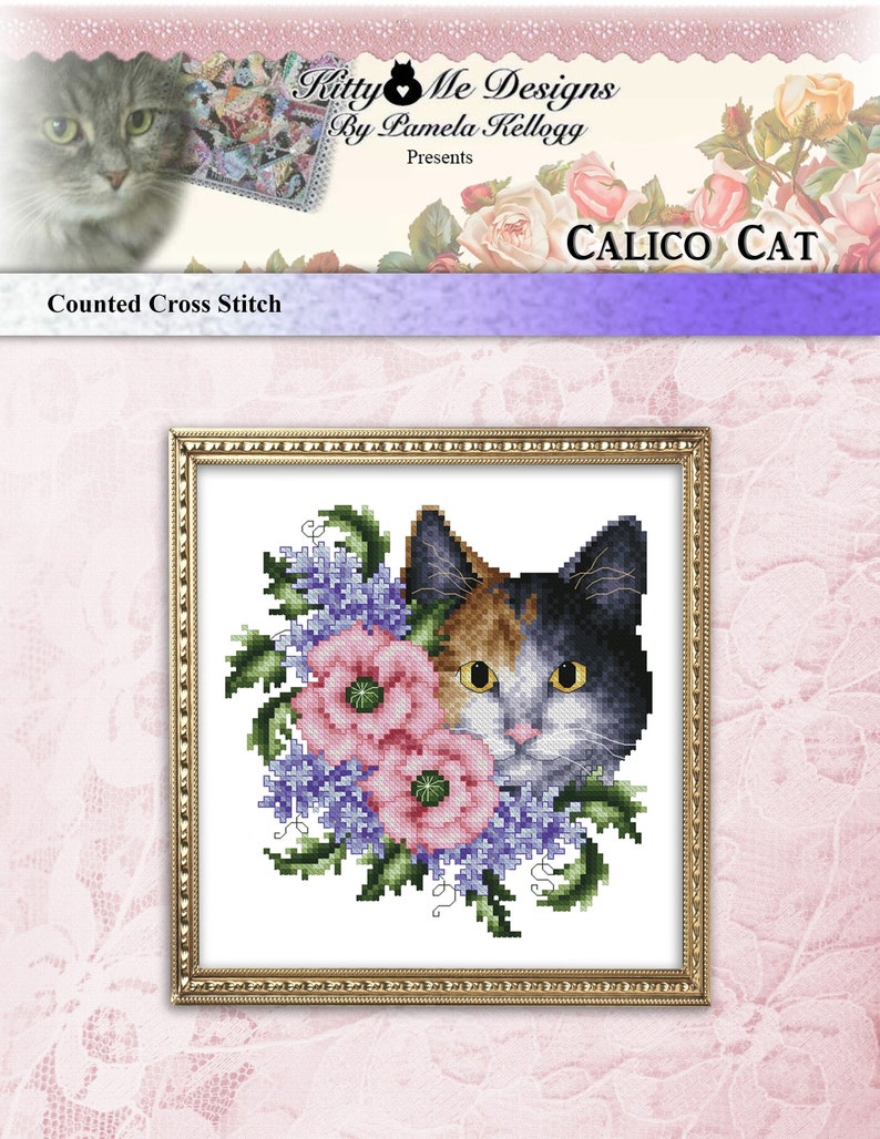 Calico Cat Cross Stitch Pattern Leaflet With Pink Poppies and Etsy