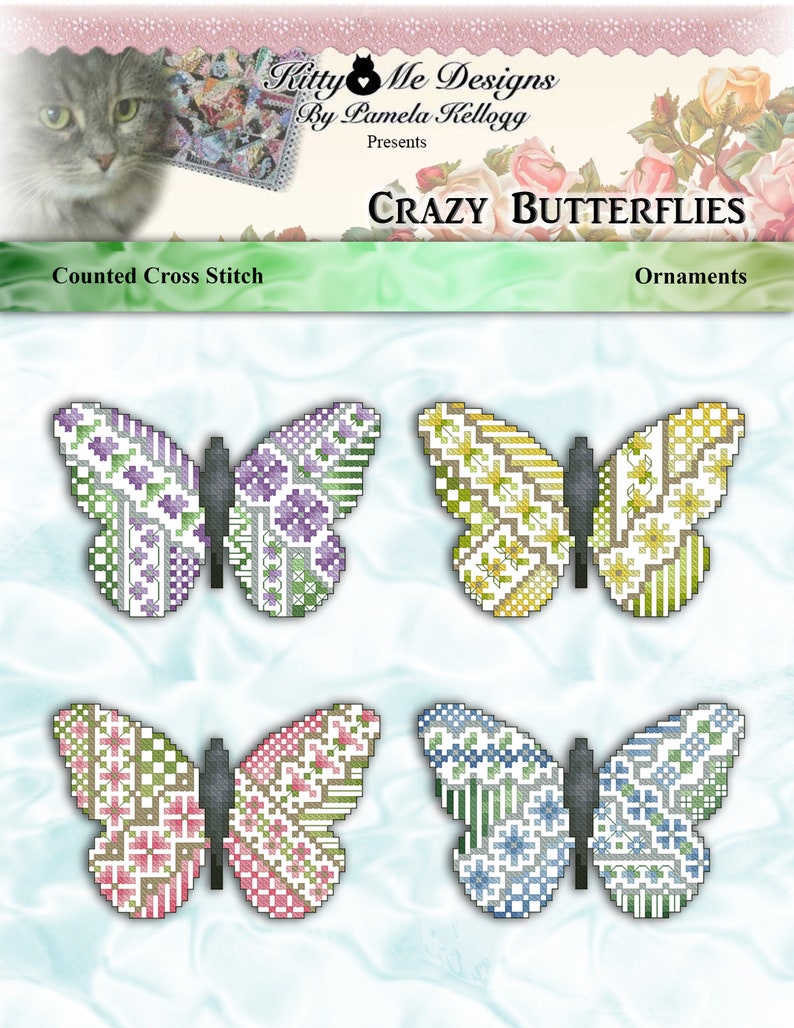 Crazy Butterflies Ornaments Cross Stitch Pattern Leaflet by Pamela Kellogg image 1