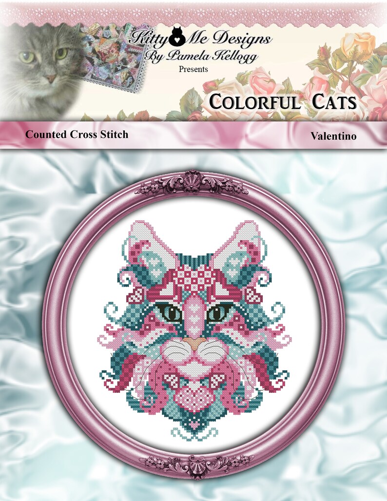 Cross Stitch Pattern Colorful Cats Valentino Modern Geometric Mandala Printed Pattern Leaflet by Pamela Kellogg