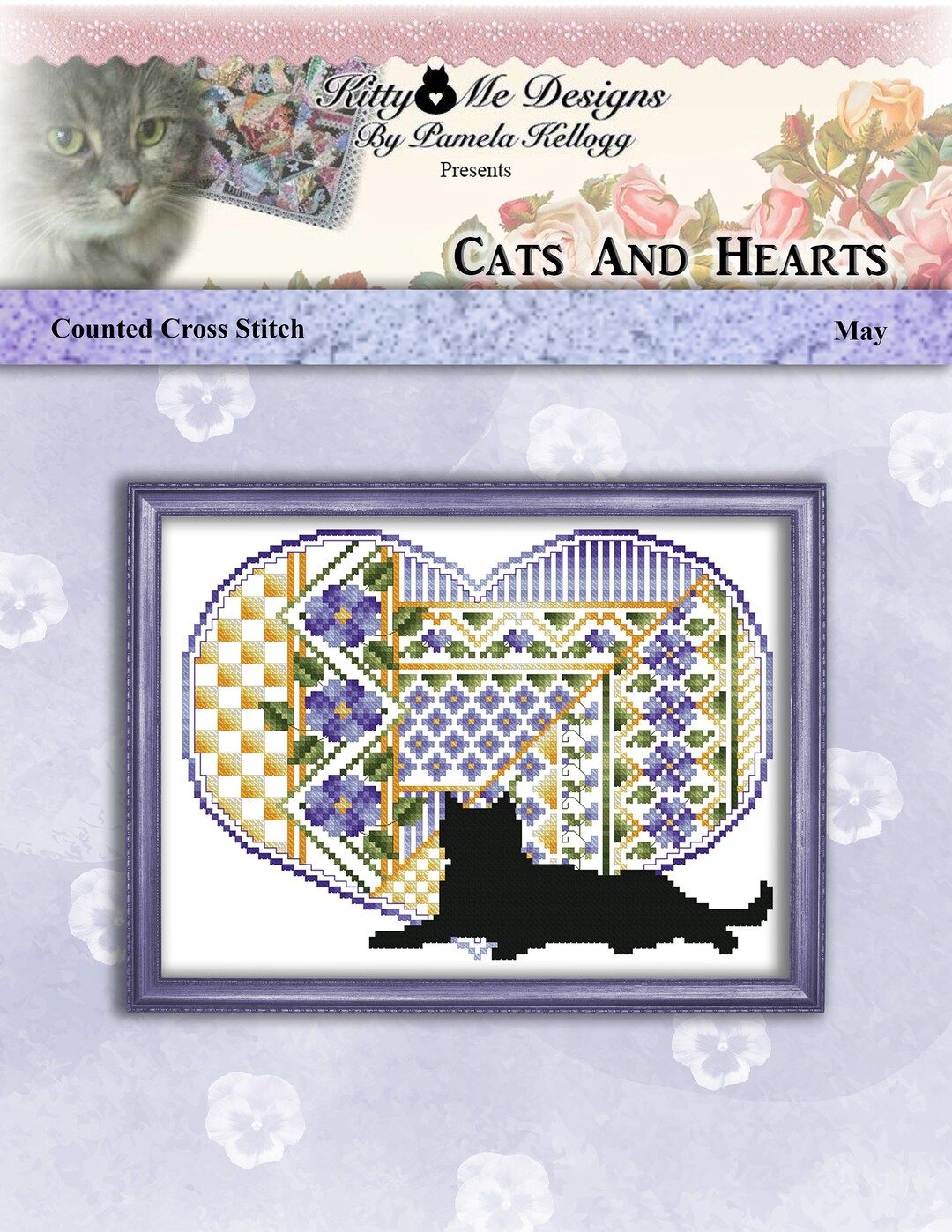 Cats and Hearts Cross Stitch Pattern Leaflet With Purple Etsy