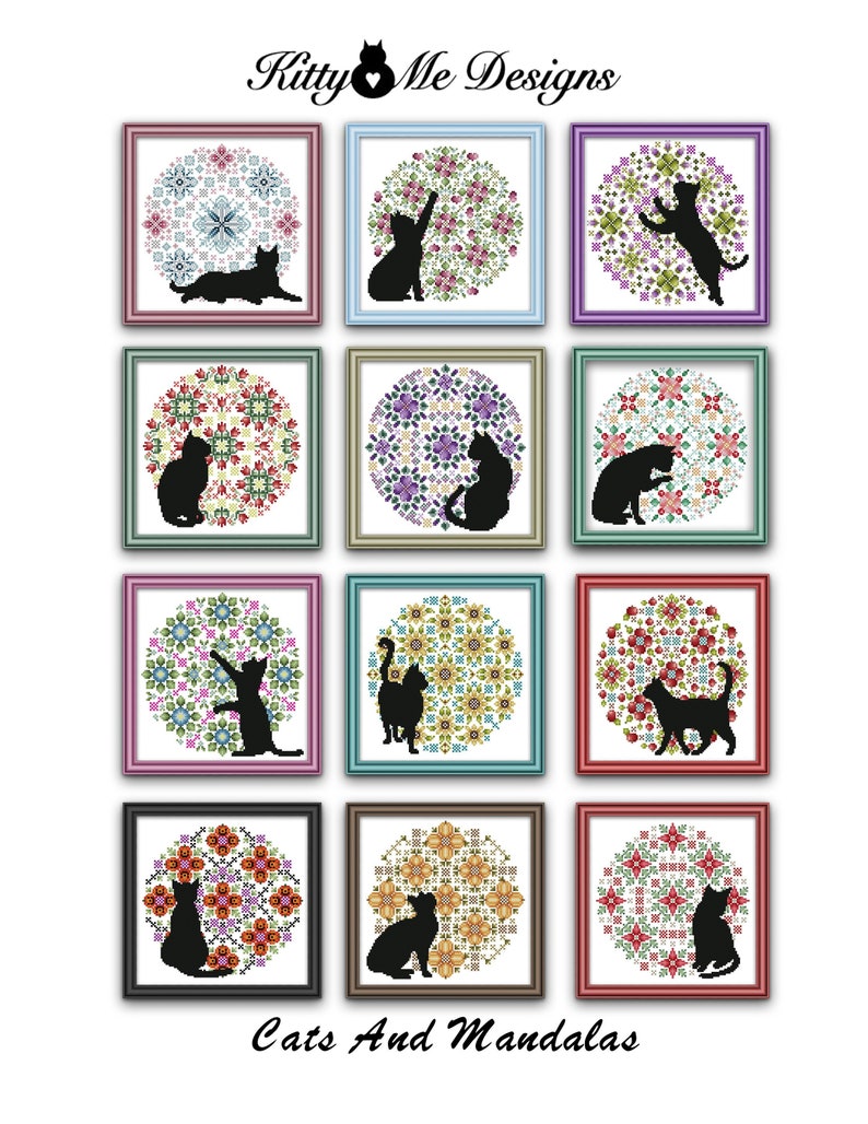 Complete Set Of 12 Cats And Mandalas Cross Stitch Pattern Leaflet Series with Free Shipping by Pamela Kellogg image 1