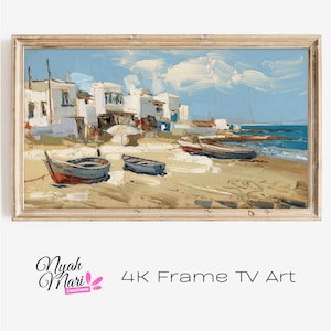 4K Frame TV Art Download - Ruhiger Strand und Boote - Küstenruhe Kunstwerk für gehobene Wohnkultur