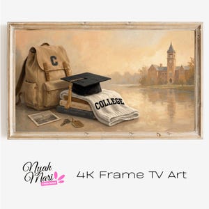Descarga de arte para TV en formato 4K: Estudiante universitario, birrete de graduación y maleta al amanecer con suave horizonte urbano y efecto de óleo digital.