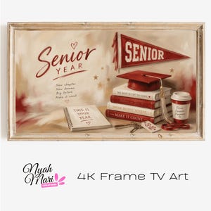 May include: A framed digital artwork featuring a red pennant with the word SENIOR, a graduation cap with a tassel, a stack of books with inspirational text, a spiral notebook labeled THIS IS YOUR YEAR, and a coffee cup with the text Focus Passion Purpose.