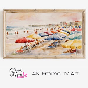 4K Frame TV Art Download - Colorful Umbrellas Beach Scene Abstract Watercolor Style With Modern Loose Brushwork And Soft Figures