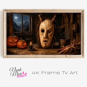 4K Frame TV Art Download - Halloween Cabin Scene with Carved Mask and Jack O Lanterns | Digital Painting | Autumn Evening Mood