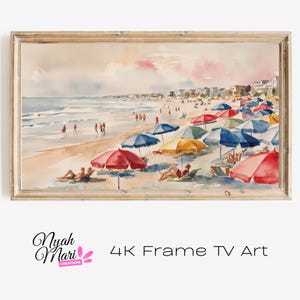 4K Frame TV Art Download - Abstract Coastal Beach Scene With Colorful Umbrellas And Soft Figures In Watercolor Style